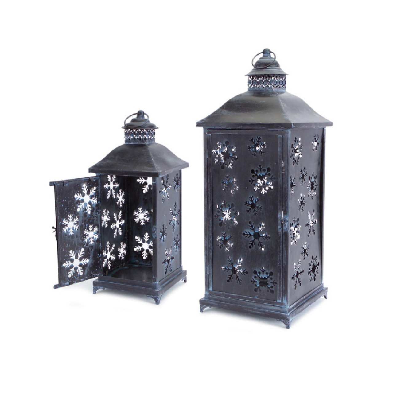 Set of 2 Distressed Snowflake Candle Holder Lanterns 24"