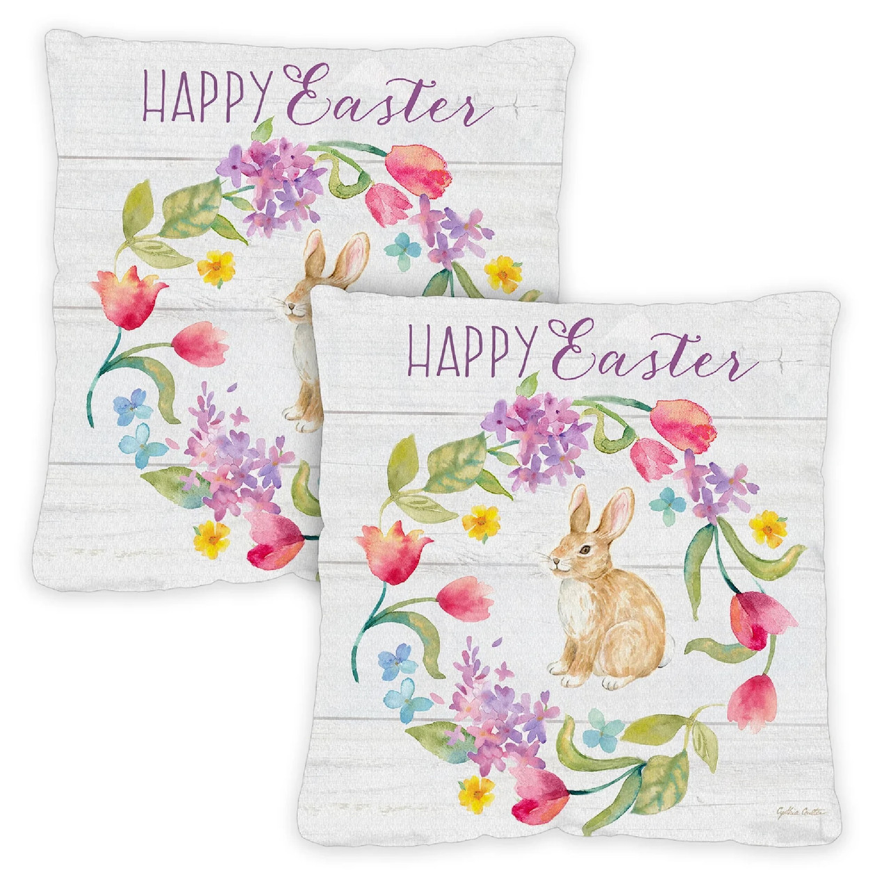 "Happy Easter" Bunny Wreath Outdoor Patio Throw Pillow Covers 18"