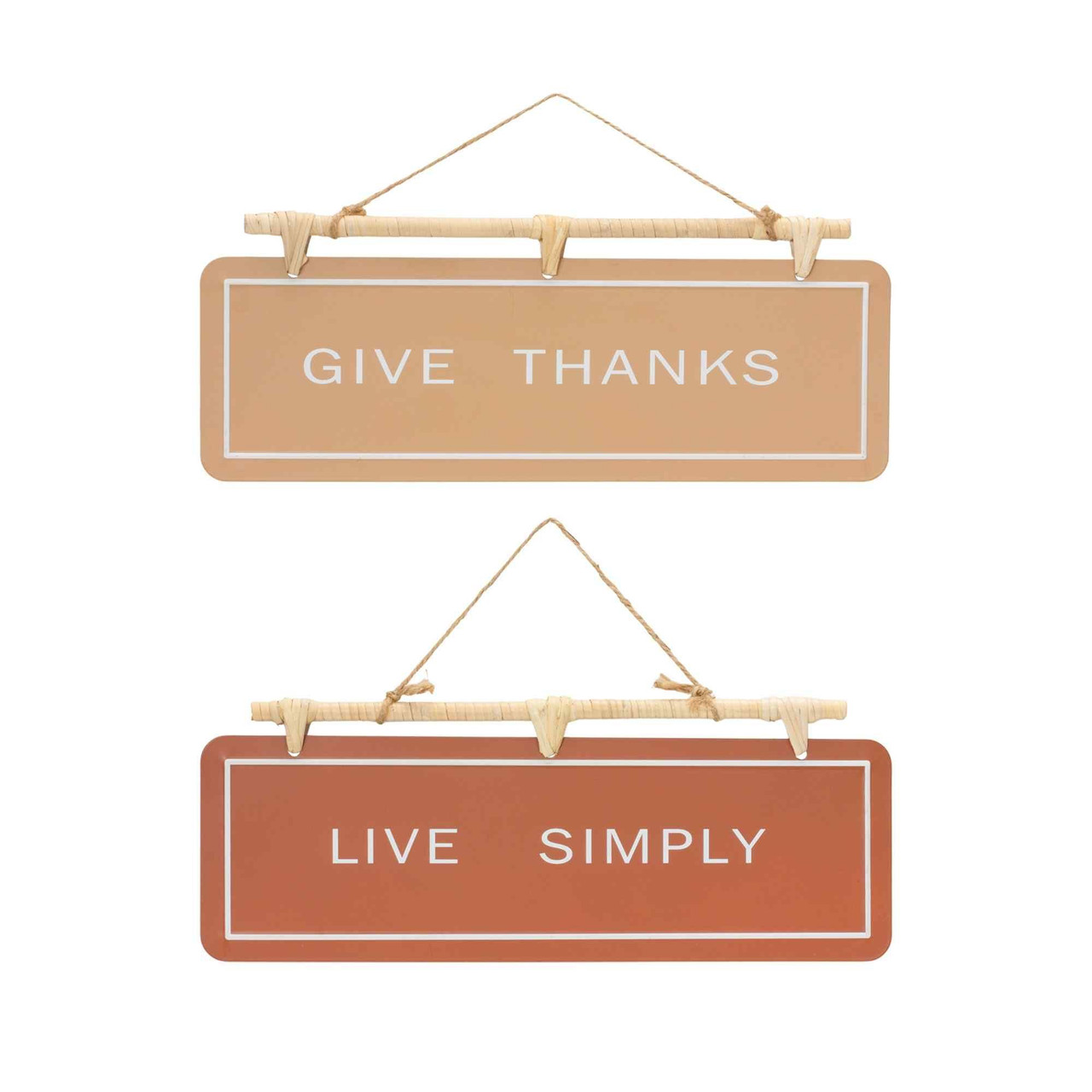 "Give Thanks" and "Live Simply" Decorative Hanging Signs - 15.75" - Set of 2